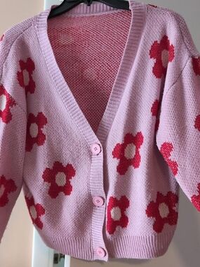 SHEIN Pink Floral Button-Up Cardigan with Red Flowers